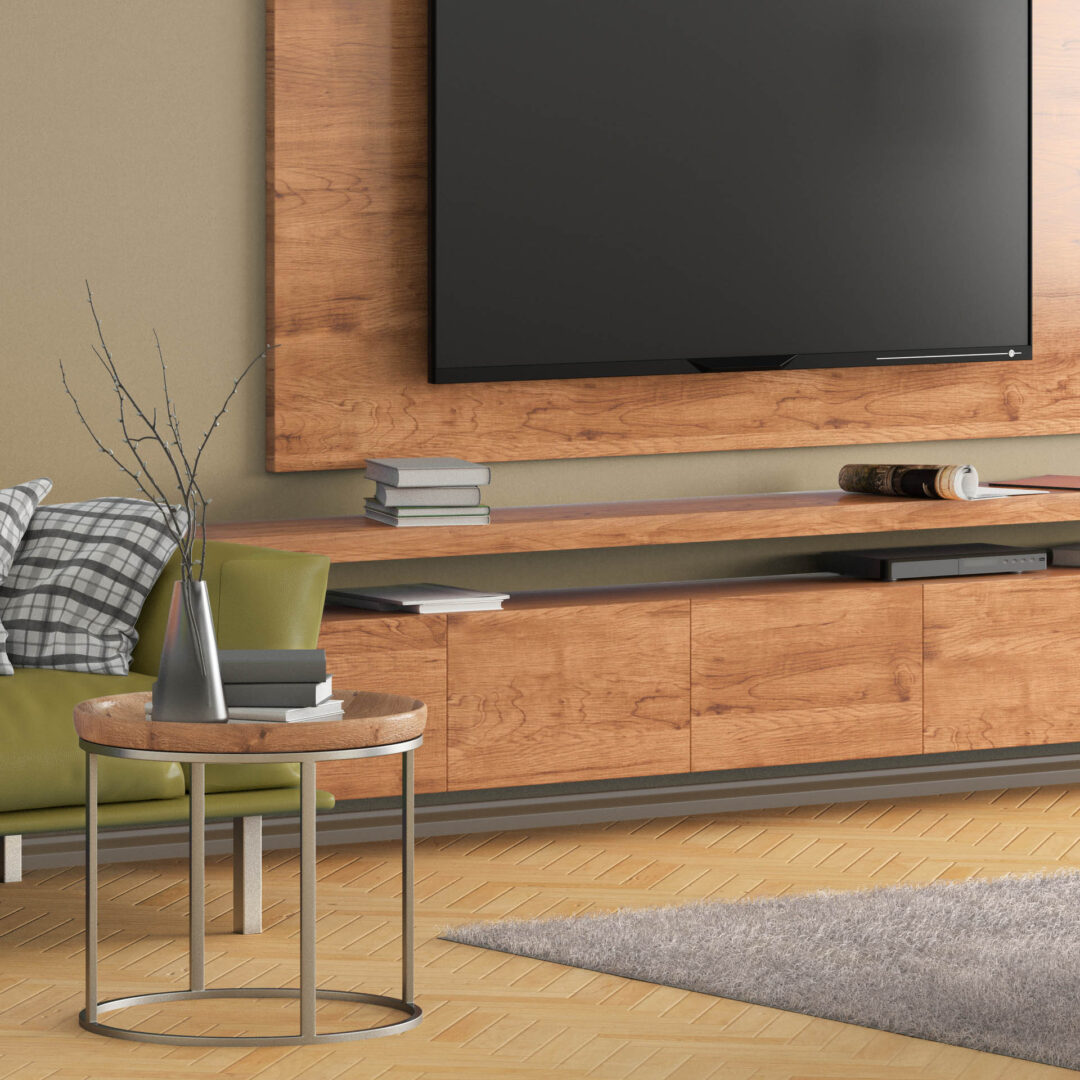 Zweigeteiltes TV-Echtholzmöbel bestehend aus schwebendem, geschlossenen Board und einem höher angebrachten Regalboden