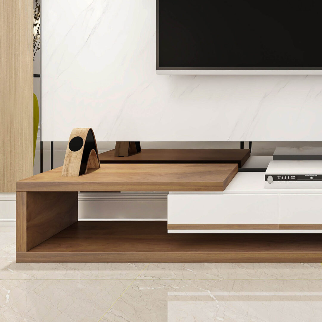 3D-Skizze eines ausgefallenen TV-Möbels mit offenen Fächern und Schubladen aus Echtholz und weißem Holzdekor